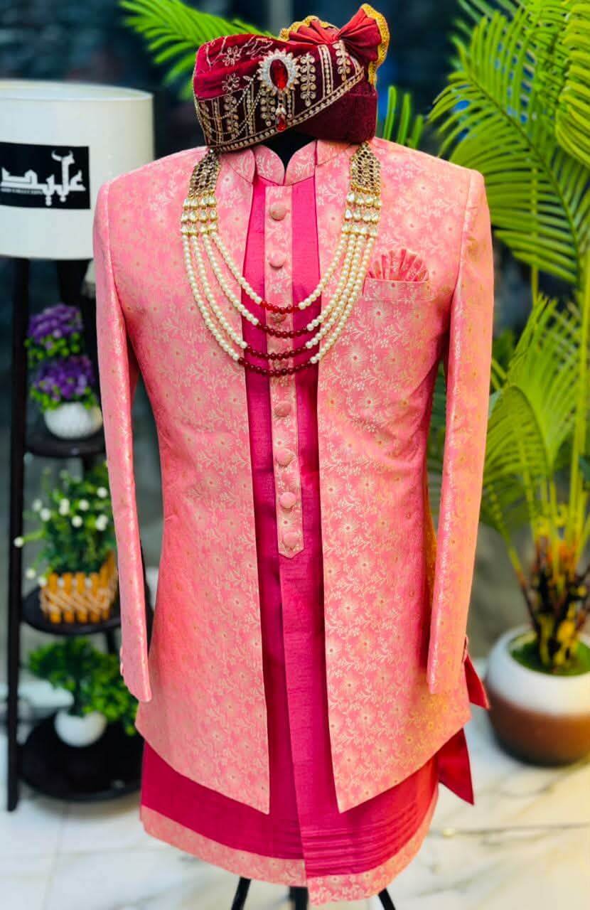 Royal Wedding Sherwani Set for Groom with Pagri & Mala – Black & Maroon - Image 3