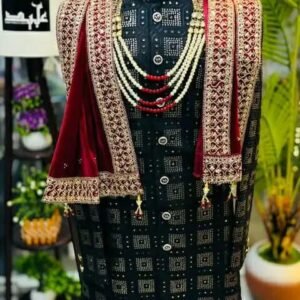 Royal Wedding Sherwani Set for Groom with Pagri & Mala – Black & Maroon